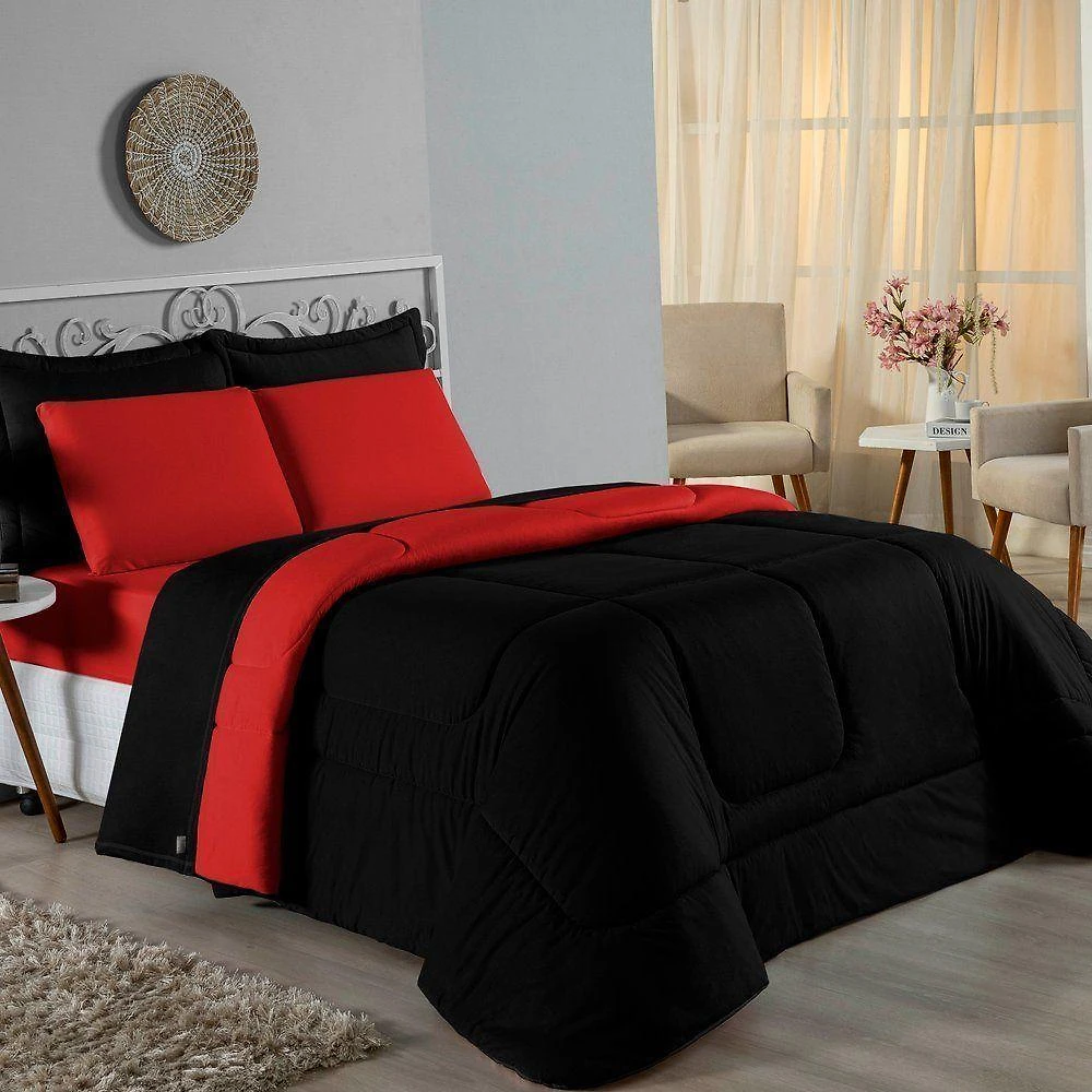 Kit Edredom Dupla Face + Jogo De Lençol Casal Viúva Nobre 6 Peças Malha 100% Algodão - Preto / Vermelho