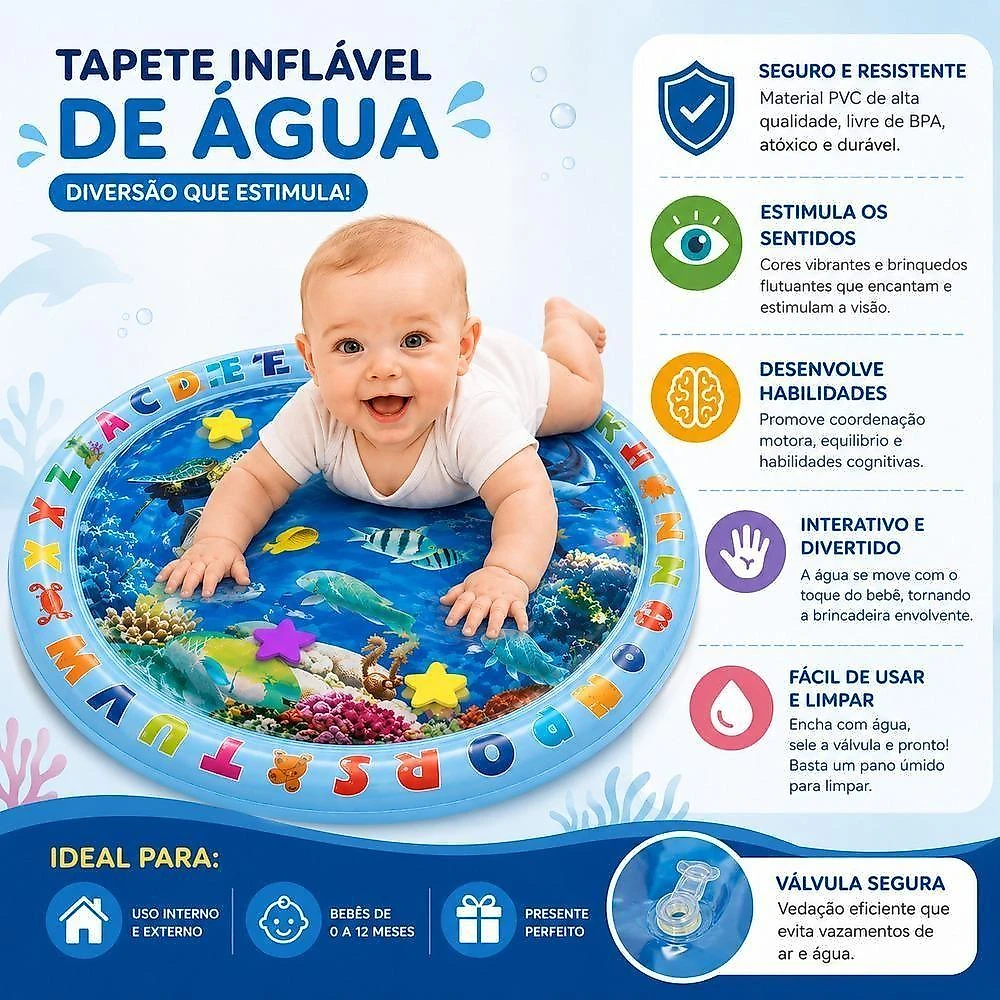 Tapete Sensorial Ocean World de Água Inflável Redondo 65CM para Bebê Azul Yeet