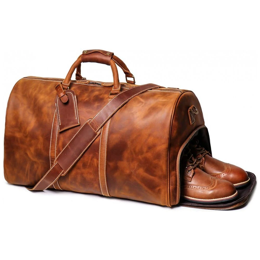 Bolsa de Viagem Masculina Clássica de Couro, LEATHFOCUS, Marrom