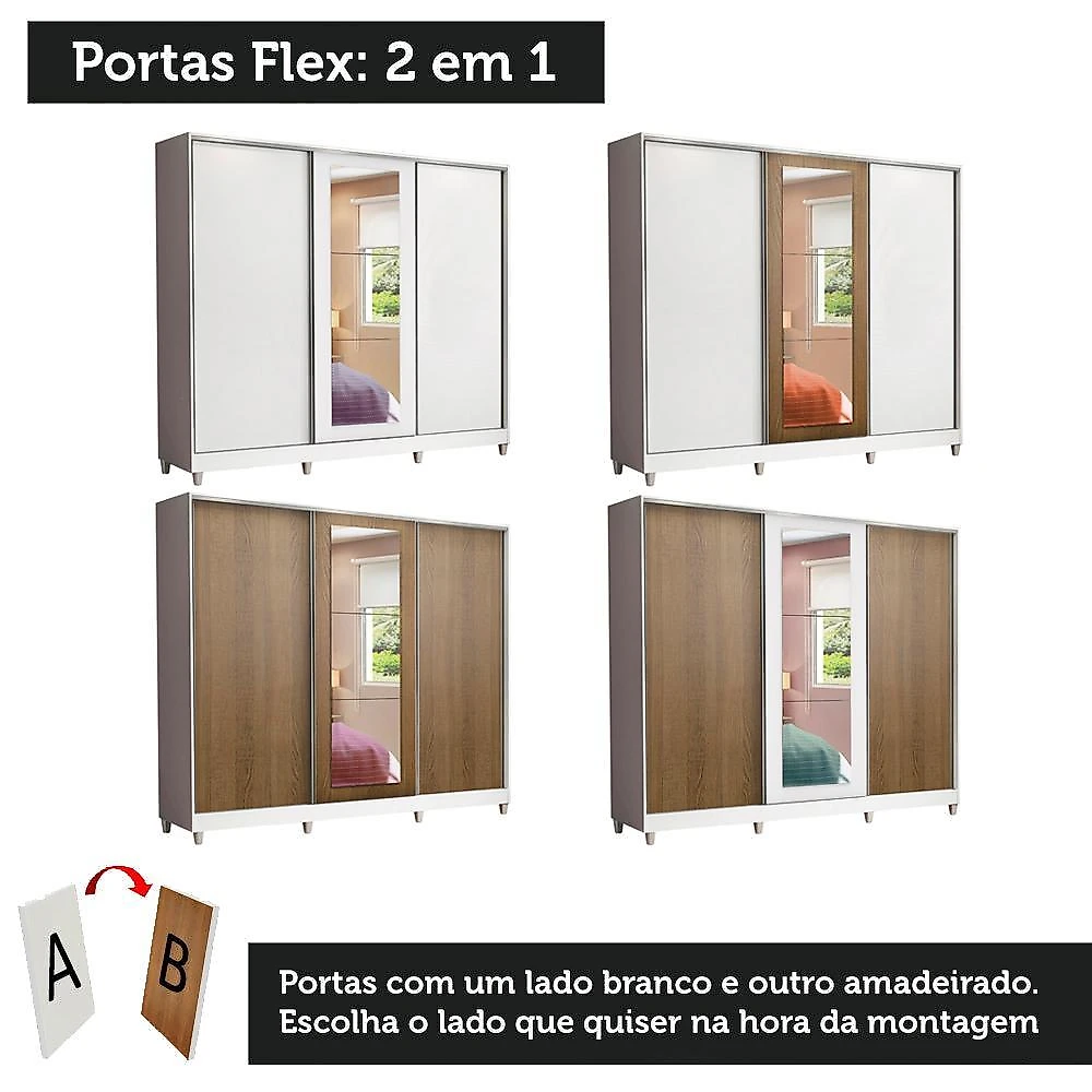 Guarda roupa casal 100% mdf madesa eros 3 portas de correr com espelho com pés - branco/rustic