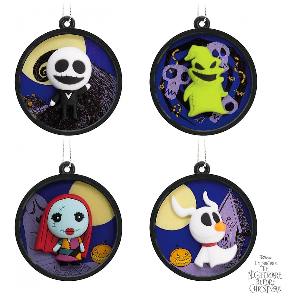 Conjunto de 4 Mini Enfeites de Natal Hallmark Disney Tim Burton "O Estranho Mundo de Jack" em Plástico Inquebrável, 3,8 x 4,4 x 4,3 cm
