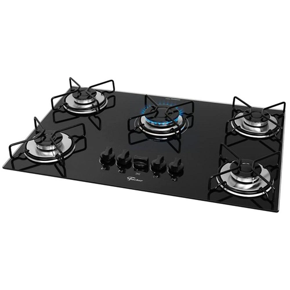 Cooktop 5 Bocas Fischer Fit Line Trempe Esmaltada Aramado, Chama Superautomático, Preto - Bivolt
