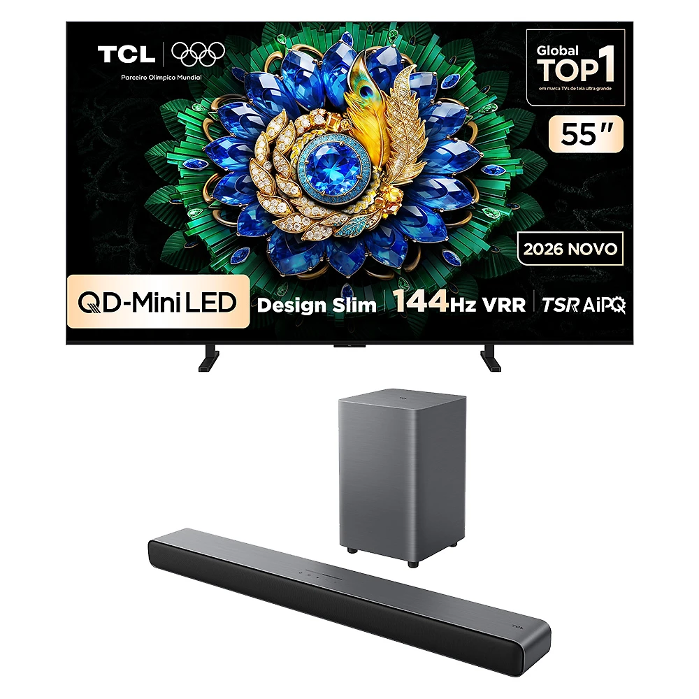 Combo Smart TV TCL 55 QD-Mini LED 4K A400M 144 Hz VRR 55A400M e Soundbar TCL Subwoofer 2.1 S55H