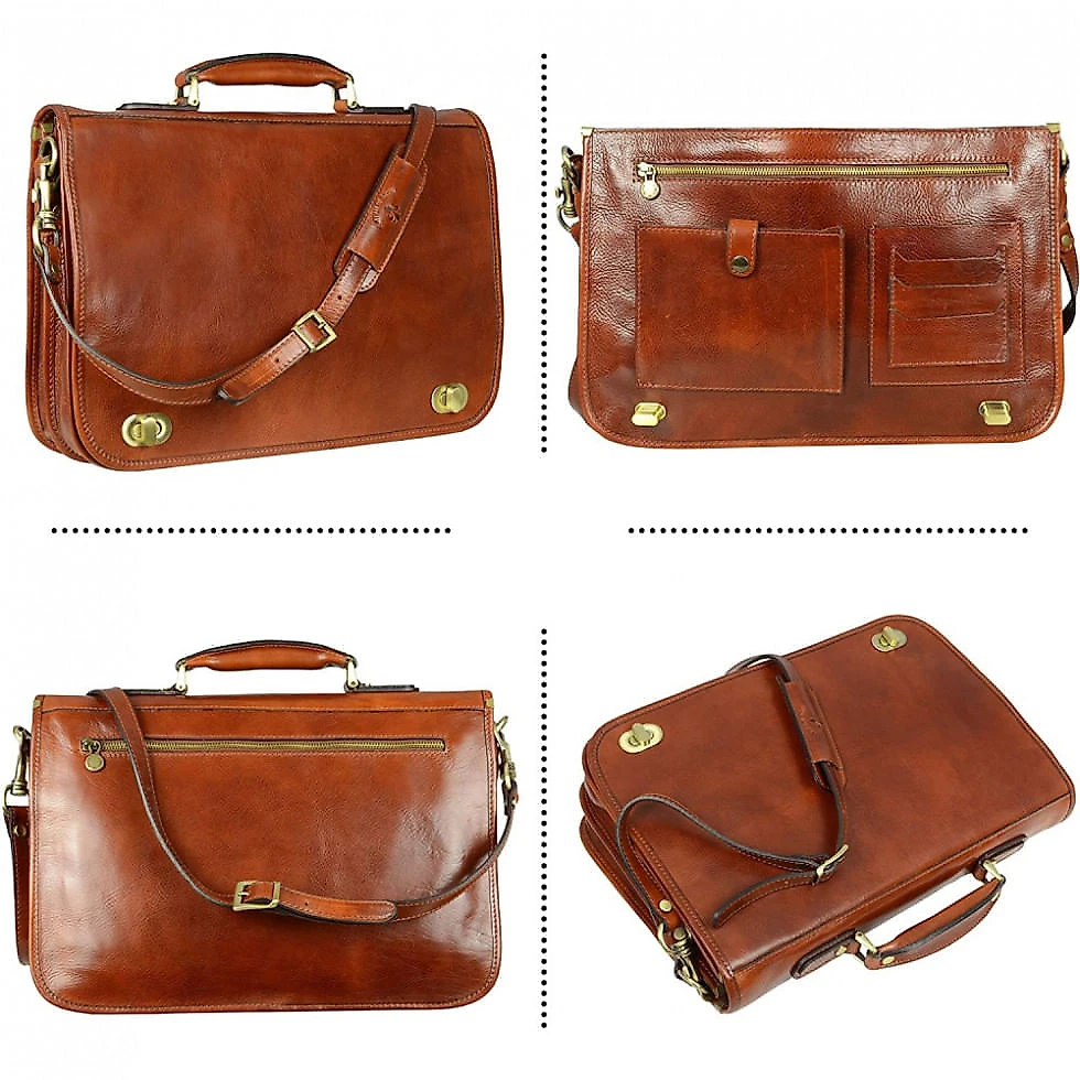 Bolsa Maleta Time Resistance de Couro Masculina para Laptop, Marrom Claro