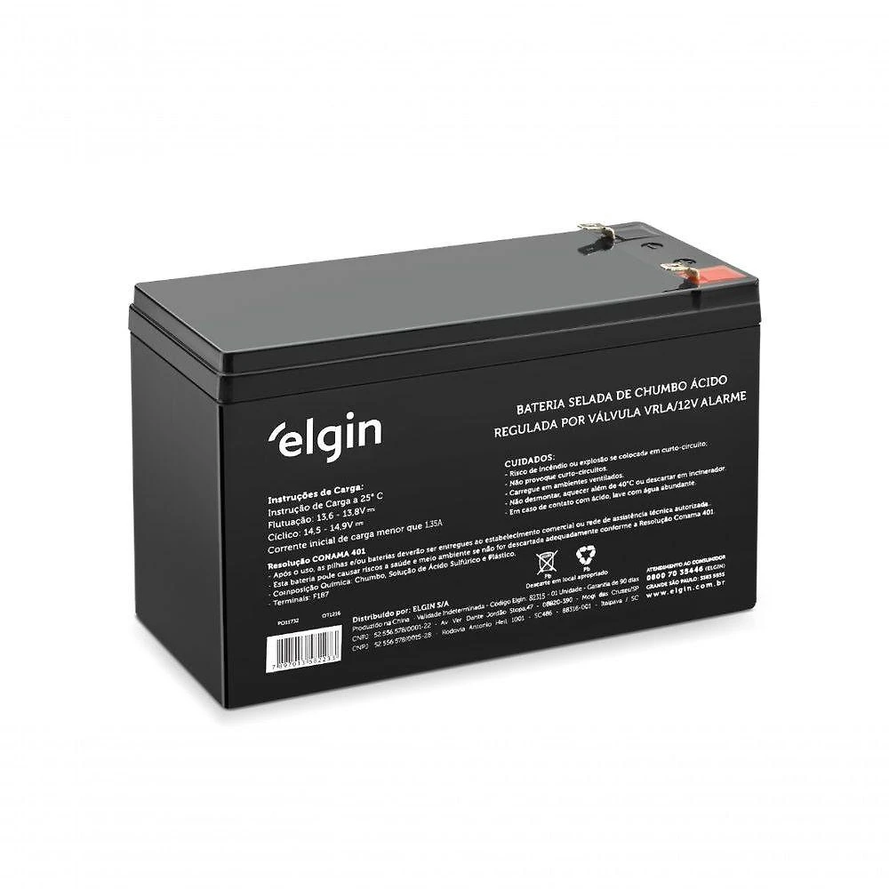 Bateria Selada Elgin Vrla para Nobreak Alarme Estabilizador 12V 7Ah Terminal F1