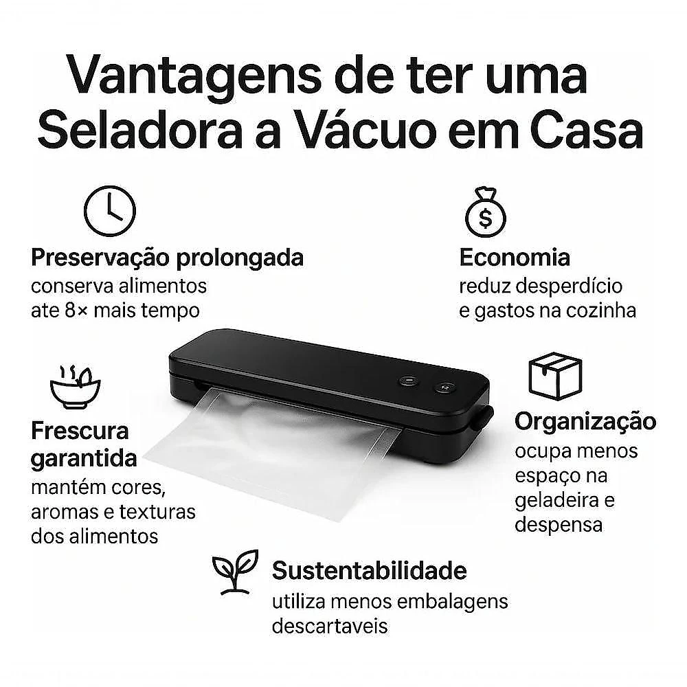 Máquina Seladora a Vácuo Portátil para Alimentos 220V Elétrica com Função Selar + Sucção 90W