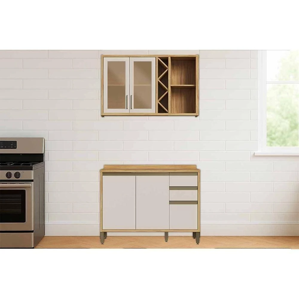 Cozinha Completa Tempranillo C2P56 4 Portas 3 Gavetas MDF 120CM Amêndoa Off White com Balcão e Aéreo