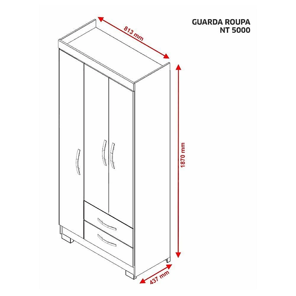 Guarda Roupa Solteiro Nt5000 3 Portas E 2 Gavetas Com Pés Notável Branco New- Rosa Flex