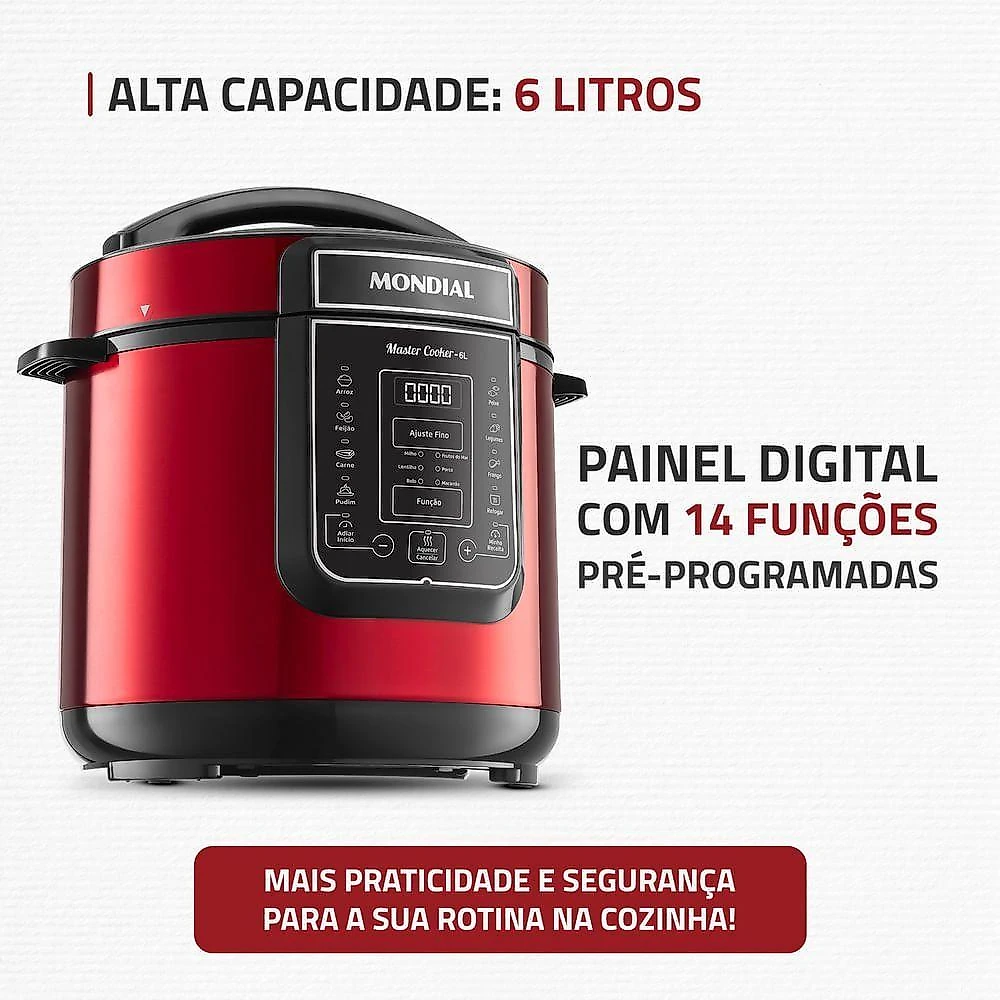 Panela de Pressão Elétrica Digital 6L Mondial Vermelho/Inox PE-60-6L-RI 220V/60HZ