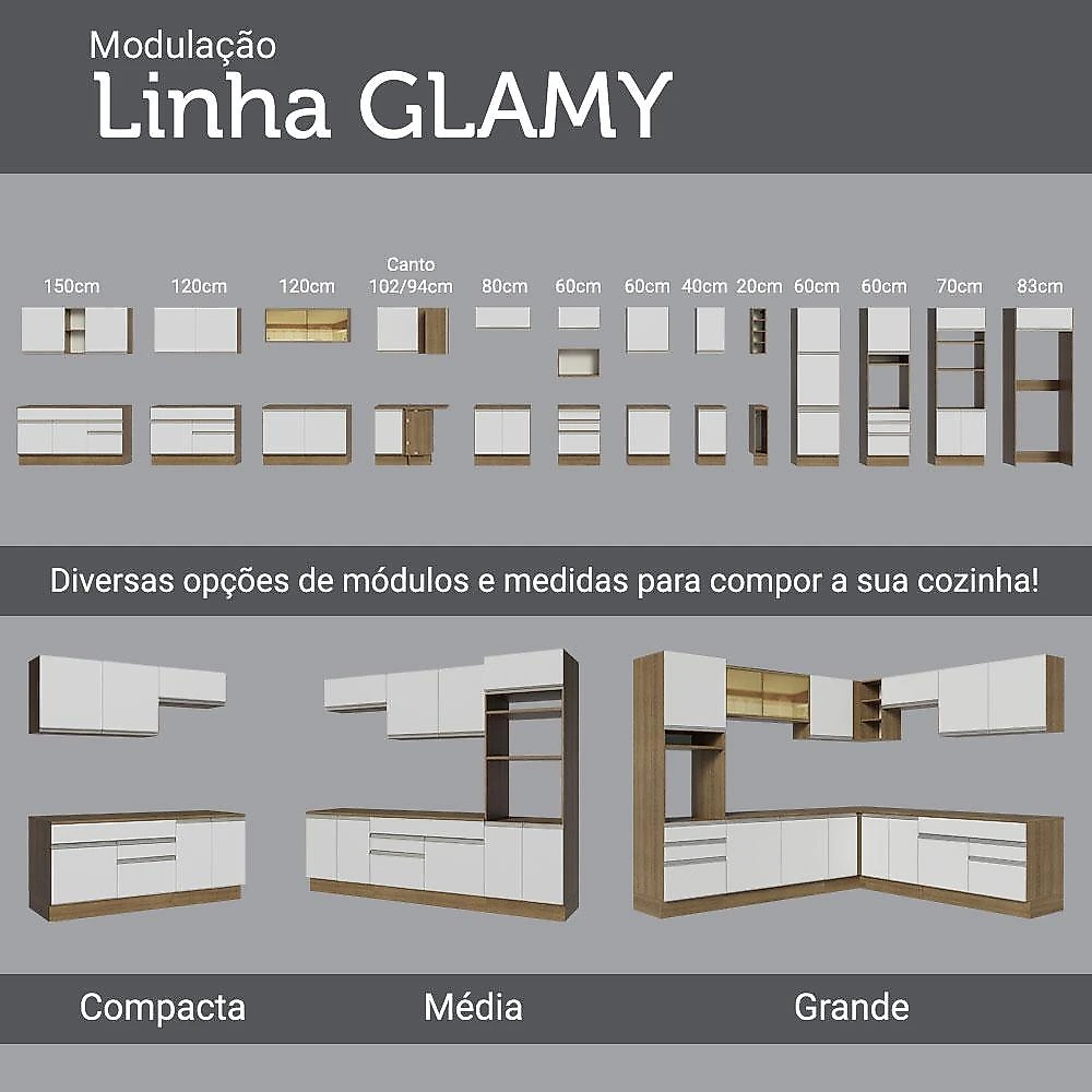 Cozinha Completa de Canto Madesa Glamy 349001 com Armário e Balcão (Sem Tampo) - Rustic/Branco/Crema Rustic/Branco/Crema