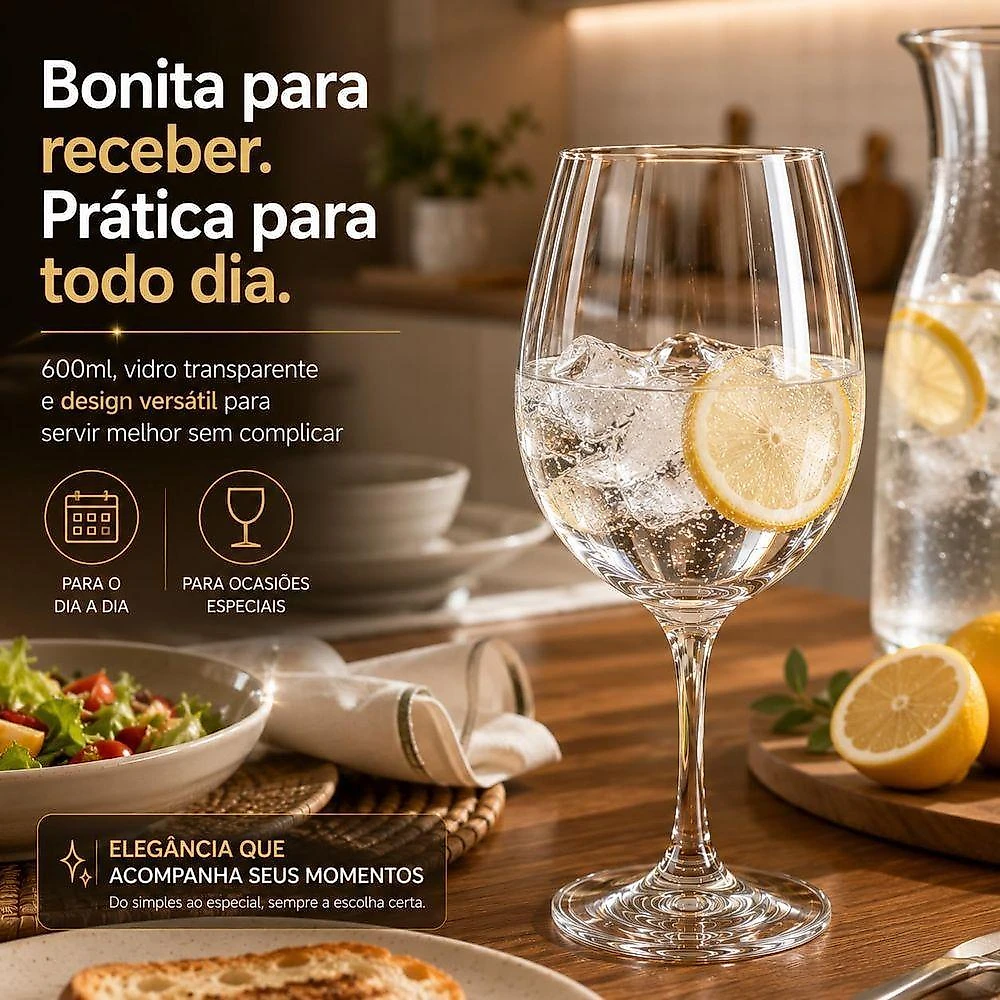 Taça de Cristal Ecológico Tipo Bohemia 600ml Design Elegante Vidro Transparente Jogo com 6