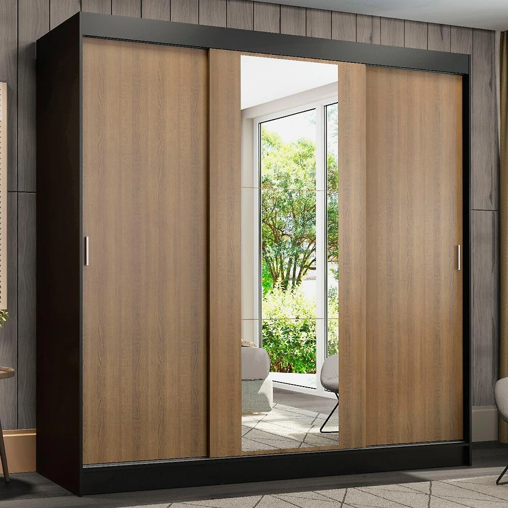 Miniatura Guarda-Roupa Casal Madesa Reno 3 Portas de Correr com Espelho - Preto/Rustic Preto/Rustic