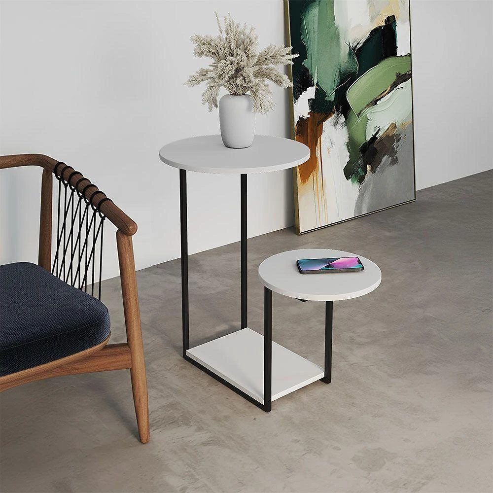 Mesa De Apoio Lateral Ferro Preto Tampo Redondo Branca