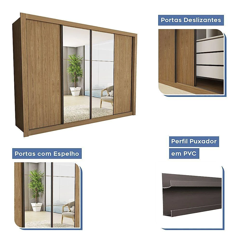 Guarda Roupa Casal Firenze Com 6 Espelhos 4 Portas Minastex Carvalho