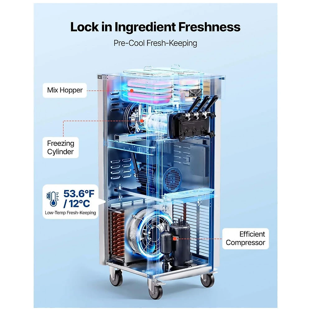 Máquina de Sorvete Soft VEVOR YKF-8228H 3 Sabores 2x6L 20-28L/H Pré-Resfriamento Auto Limpeza 2200W