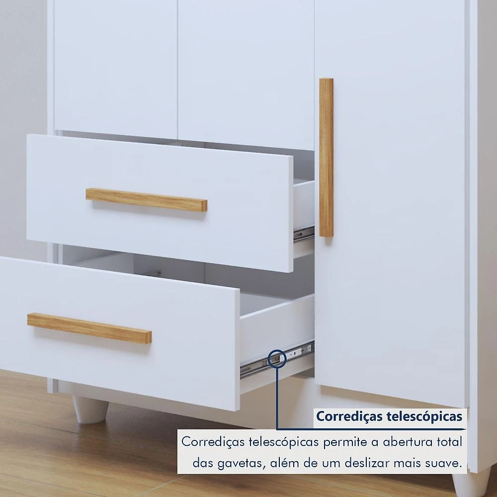 Quarto de Bebê Guarda Roupa 3 Portas e Berço Mini Cama 100% MDF com Colchão Nina  Branco