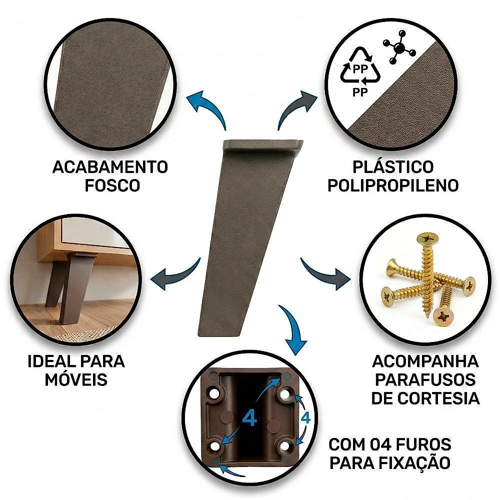 Kit 03 Pés Retrô Desk Design 15cm para Móveis com Parafusos Marrom