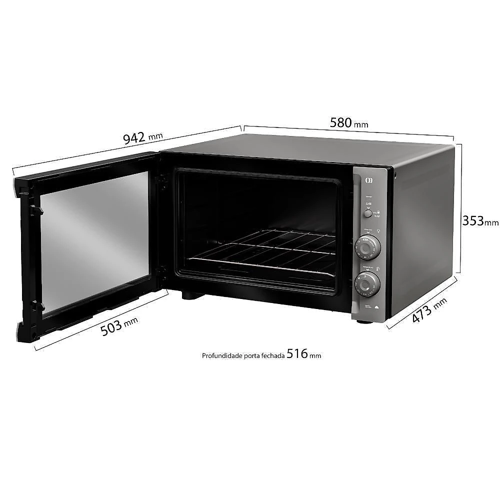 Forno Elétrico De Bancada Mueller Espelhado 50 Litros E Vidro Duplo MFB50F Cinza 110V