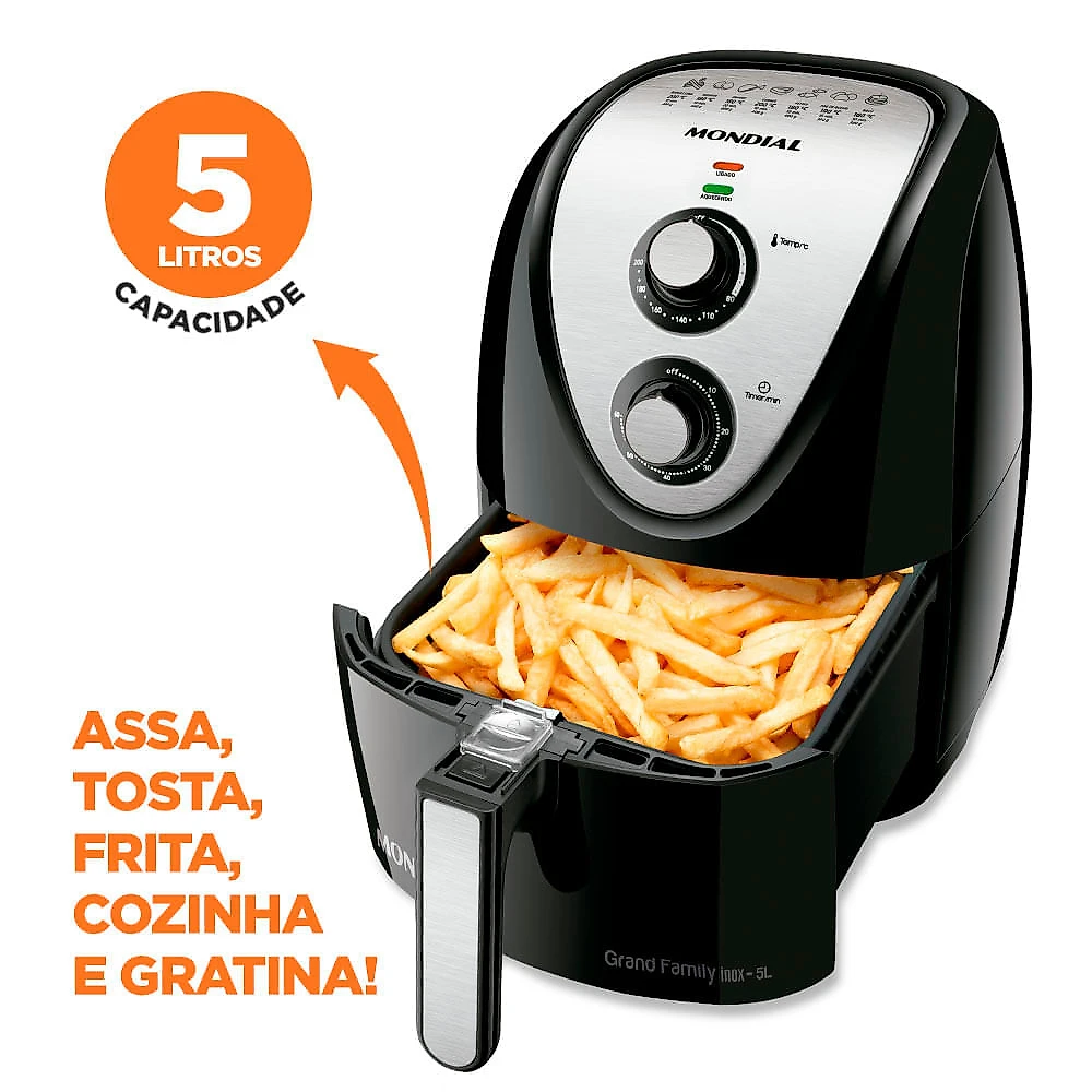Fritadeira Elétrica Air Fryer Mondial Grand Family Inox AFN-50-BI 5L Preta - 127V