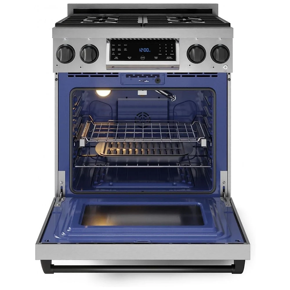 Fogão a gás GLP profissional 76cm Thor Kitchen Gordon Ramsay inox/preto painel touch basculante convecção grelha contínua 129L 110V