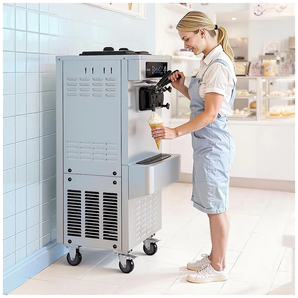 Máquina de Sorvete Soft Serve VEVOR YKF-9236 3 Sabores 20-28L/h Pré-Resfriamento Comercial 2200W