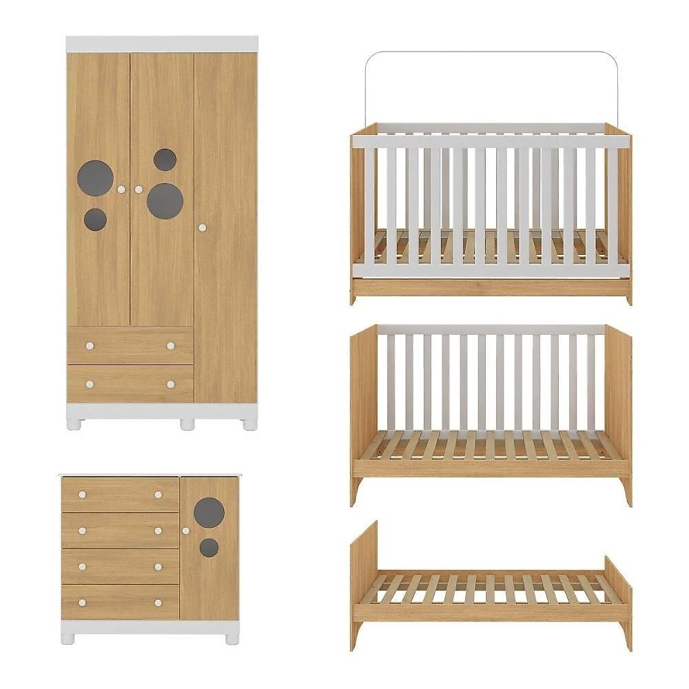 Quarto De Bebê Completo Berço Americano 3 Em 1 Colchão Bombom Multimóveis MP4638 Branco-madeirado