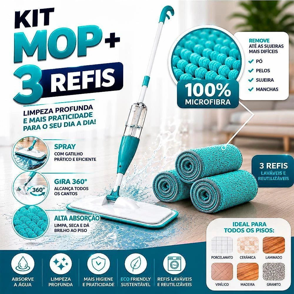 Mop Spray com Alavanca no Cabo Alumínio Base 360 graus  Reservatório 400ML para Limpeza com 3 Refis