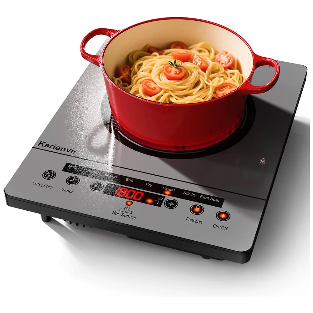 Cooktop Elétrico de Uma Boca, Fogão Elétrico Portátil 110V, Controle por Toque, Trava de Segurança, Timer - Níveis de Potência, 1800W Cinza,Karienvir