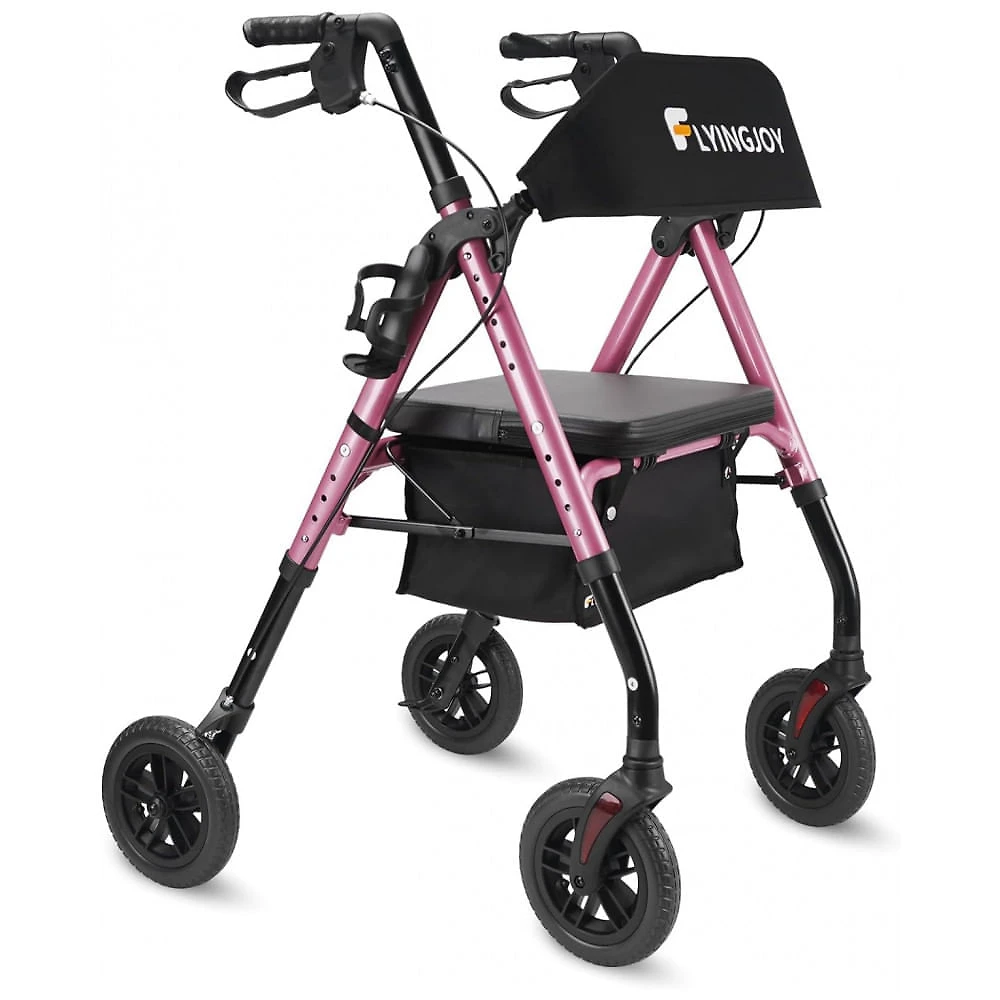 Andador para Idoso Dobrável até 136kg com Assento, Encosto Extra Largo e Suporte para Bengala, FlyingJoy, Rosa