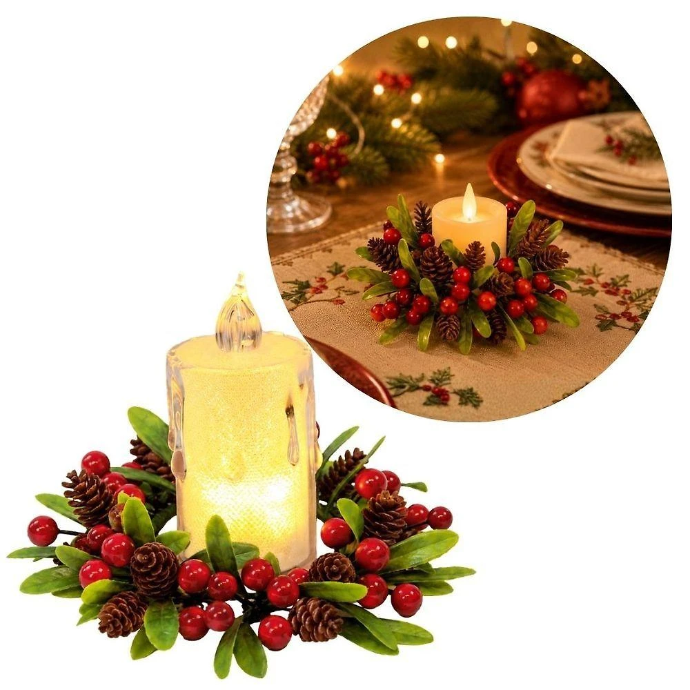 Porta Velas Decorado Castiçal Natalino com Folhagens Pinhas e Berries e Vela LED Branco Quente Verde