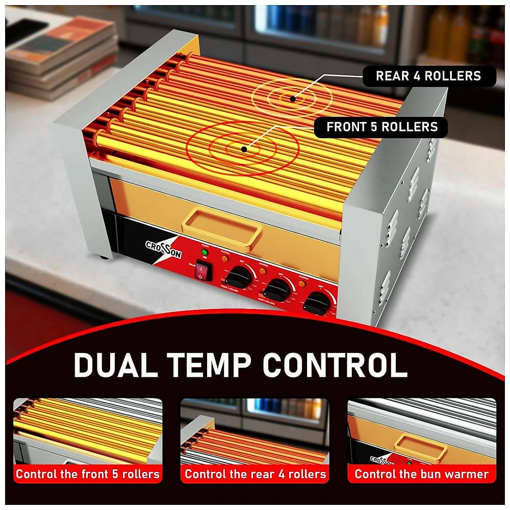 Máquina para Hot Dog CROSSON Prata 9 Rolos Aço Inox Controle Triplo de Temperatura Gaveta Aquecedora 24 Unidades 1750W 120V