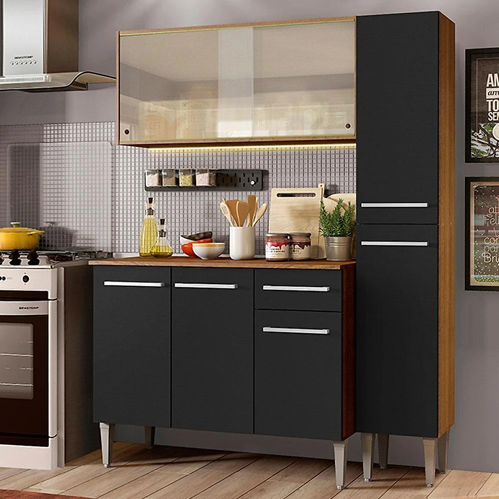 Armário de cozinha compacta madesa emilly force com balcão e paneleiro rustic/preto