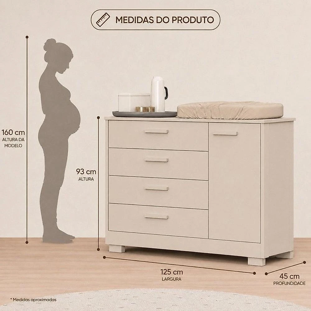 Quarto Completo Danny para Bebê 100% MDF com Cômoda Sapateira e Berço 2 em 1 Areia
