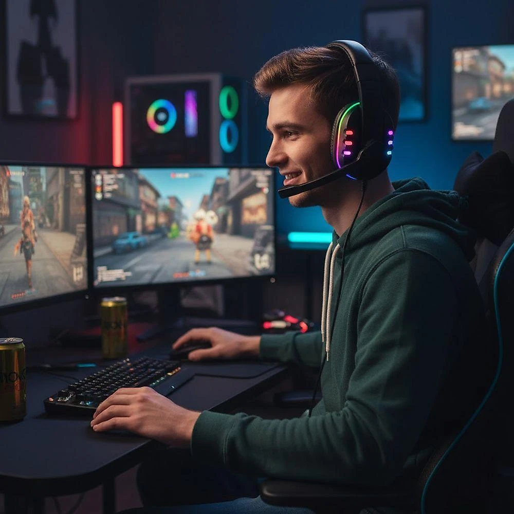 Headset Gamer com Fio com Luz RGB e Microfone 40MM 32 OHMS Preto