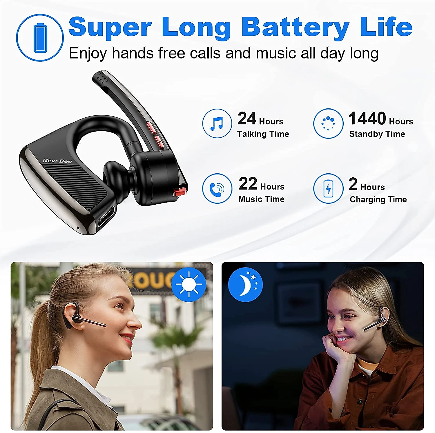New bee Fone de ouvido sem Fio Headset Bluetooth para Chamadas com Microfone Preto
