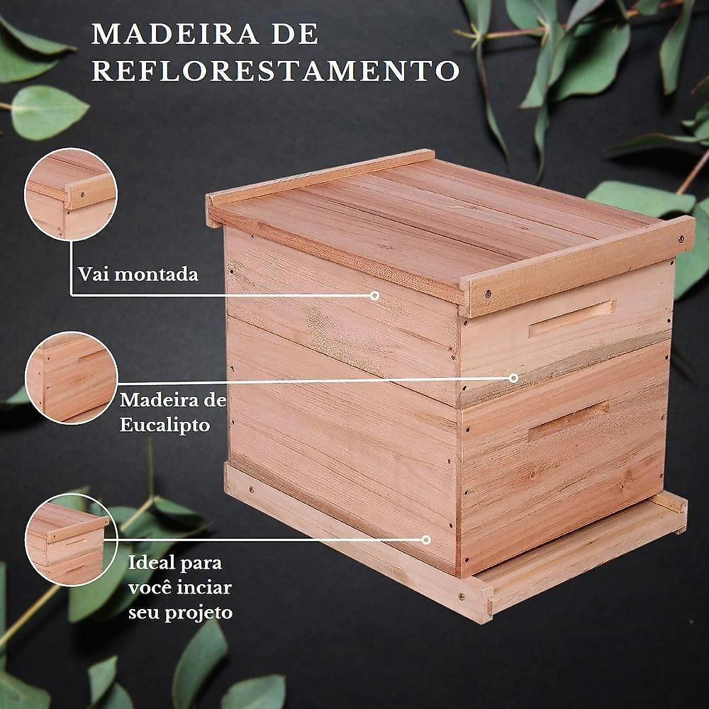Caixa de Abelha Padrão Langstroth Eucalipto Rosa com 1 Melgueira 20 Quadros Arame Ilhós Beethoven