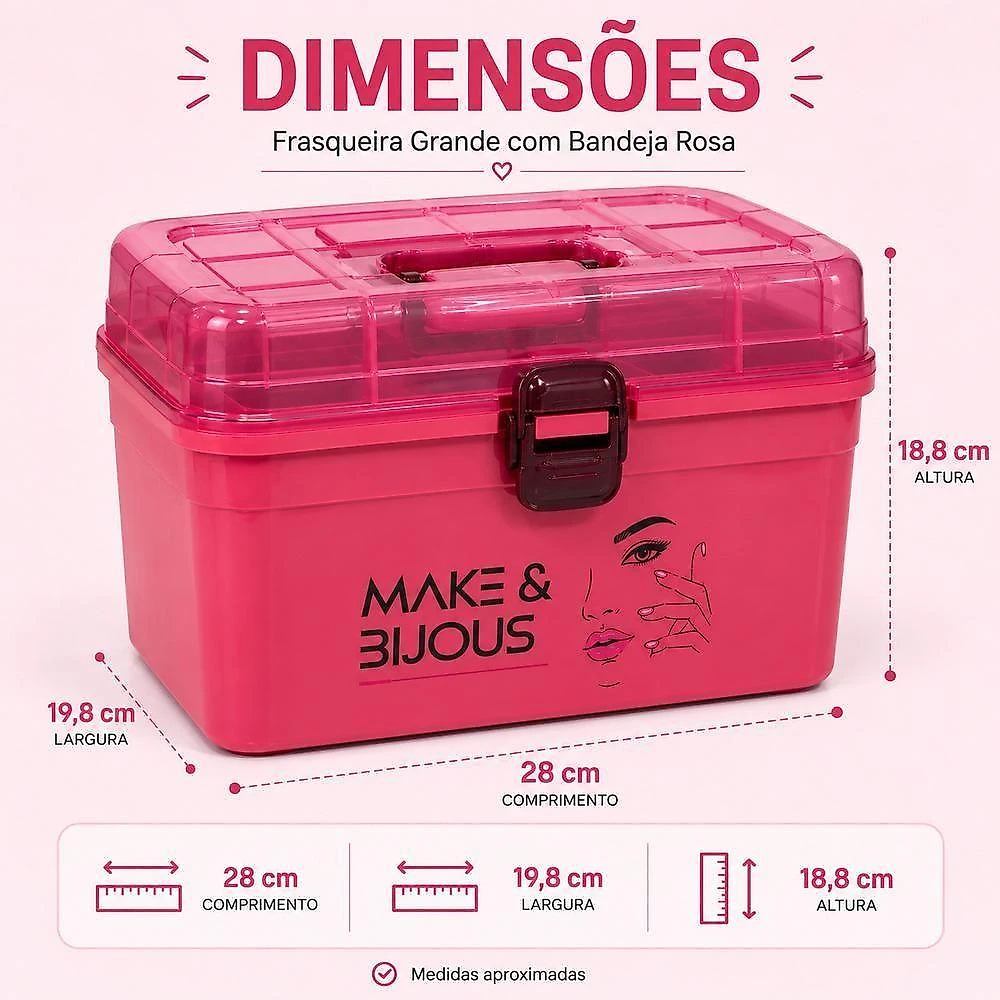Frasqueira Grande Rosa Organiza Maquiagem Cosméticos Multiuso Bandeja Interna Removível