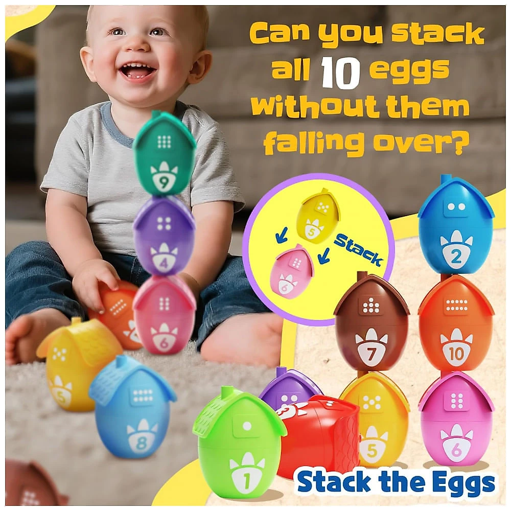 Brinquedos Educativos para Crianças de 1 a 3 Anos - Conjunto de Ovos com Dinossauros e Marionete para Aprender, Contar e Empilhar - Zippytots