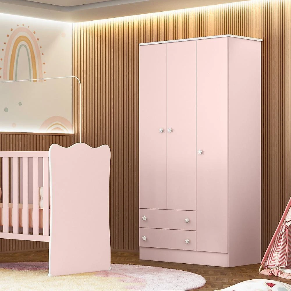 Conjunto Infantil Aurora Rosa Acetinado: Berço Aurora + Kit Rodízios + Cômoda Aurora + Guarda-roupa Aurora