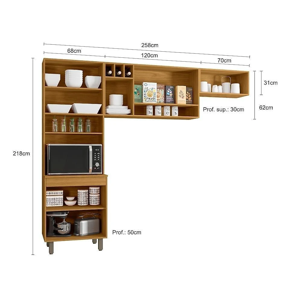 Cozinha compacta poliman malta 8 portas paneleiro duplo ripado gráfico puxadores bronze pintura uv mdp freijó off white acetinado