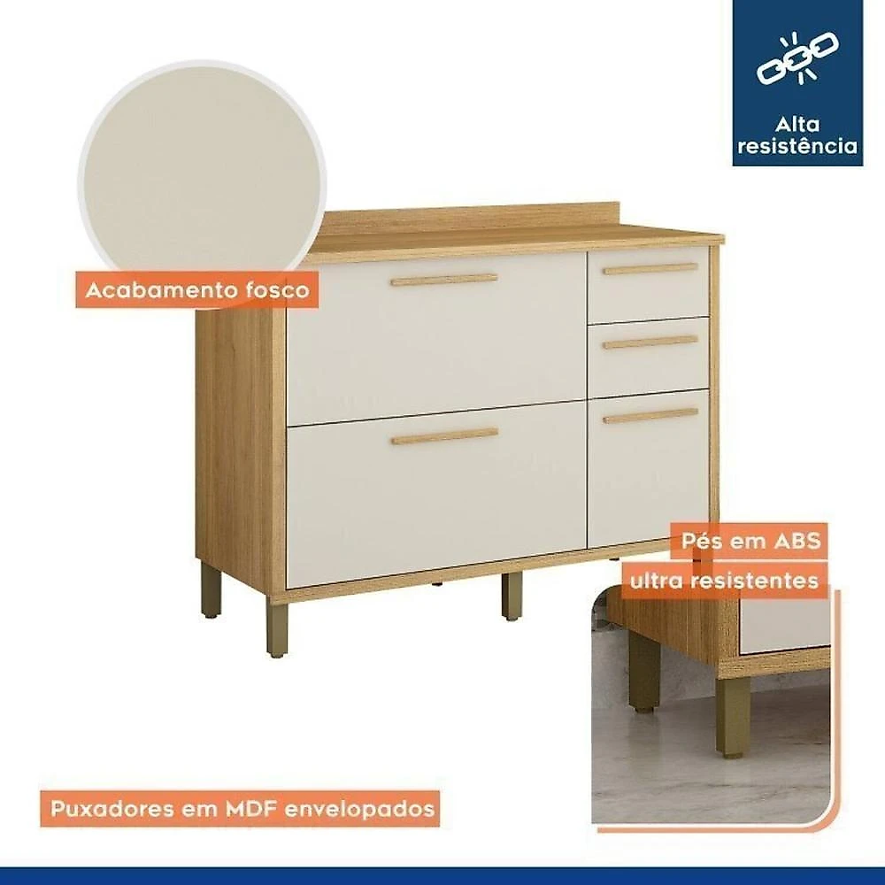 Conjunto de Cozinha Balcão 3 Portas 2 Gavetas e Armário Aéreo 120cm 3 Portas Ripado Torino Cinamomo/Off White