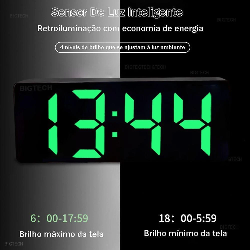 Relógio Digital de Parede e Mesa Display LED Grande Iluminação Verde Tudo em Caixa