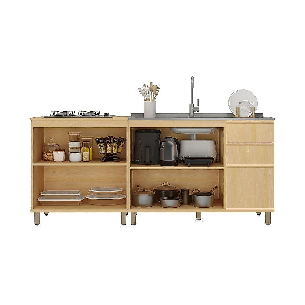 Cozinha Compacta Aura 5 Portas 2 Gavetas MDF 200CM Amadeirado