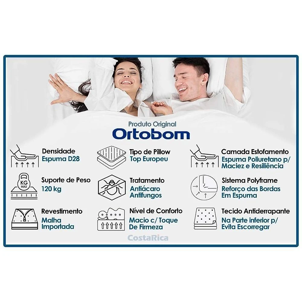 Colchão Casal Ortopédico Anatômico D28 Pillow Top Euro 138x188x23CM Ortobom