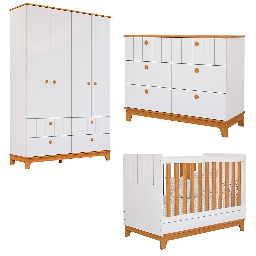 Kit Quarto Infantil Biscoito Com Berço Cômoda Roupeiro Branco Acetinado nature
