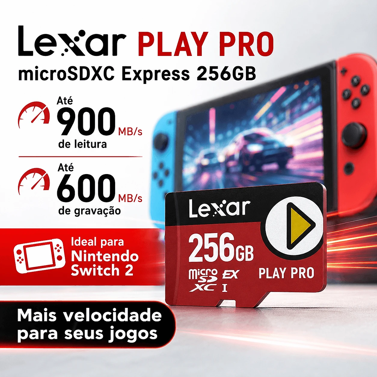 Cartão MicroSDXC Express 256GB Lexar PLAY PRO PCIe NVMe 900MB/s Nintendo Switch 2