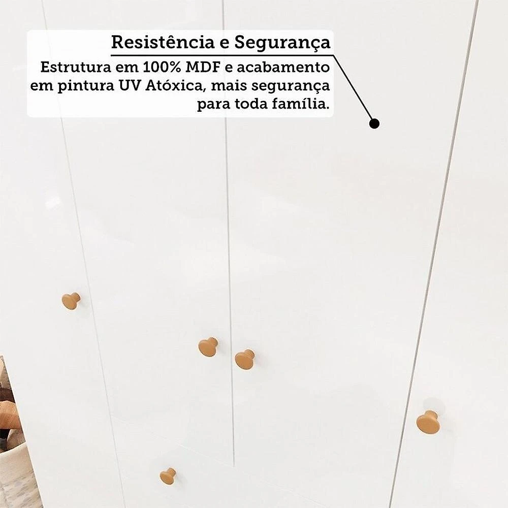 Quarto de Bebê Completo Berço Minicama Guarda-roupa 4 Portas e Cômoda 100% Mdf Nina Espresso Móveis Branco Brilho/Amêndoa