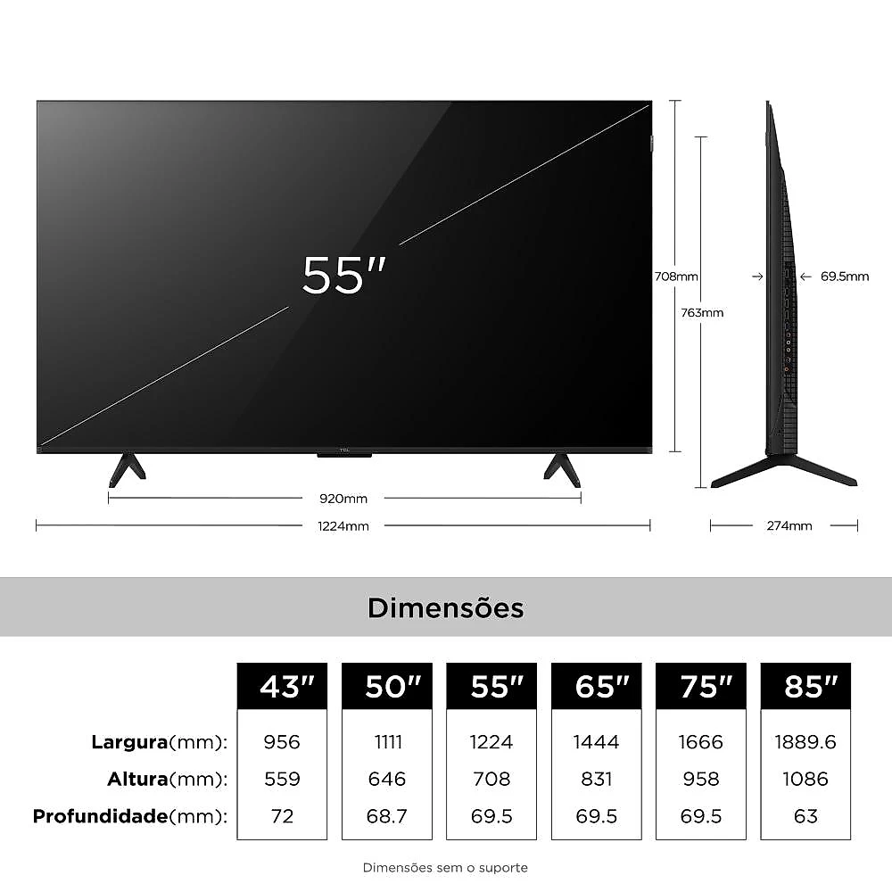 Smart tv 55” 4k qled tcl 55p7l google tv até 120hz dolby vision atmos