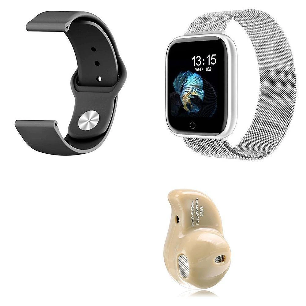 Kit 1 Relógio Smartwatch P70 Prata Android Ios + 1 Pulseira Extra + 1 Mini Fone Bluetooth Marfim