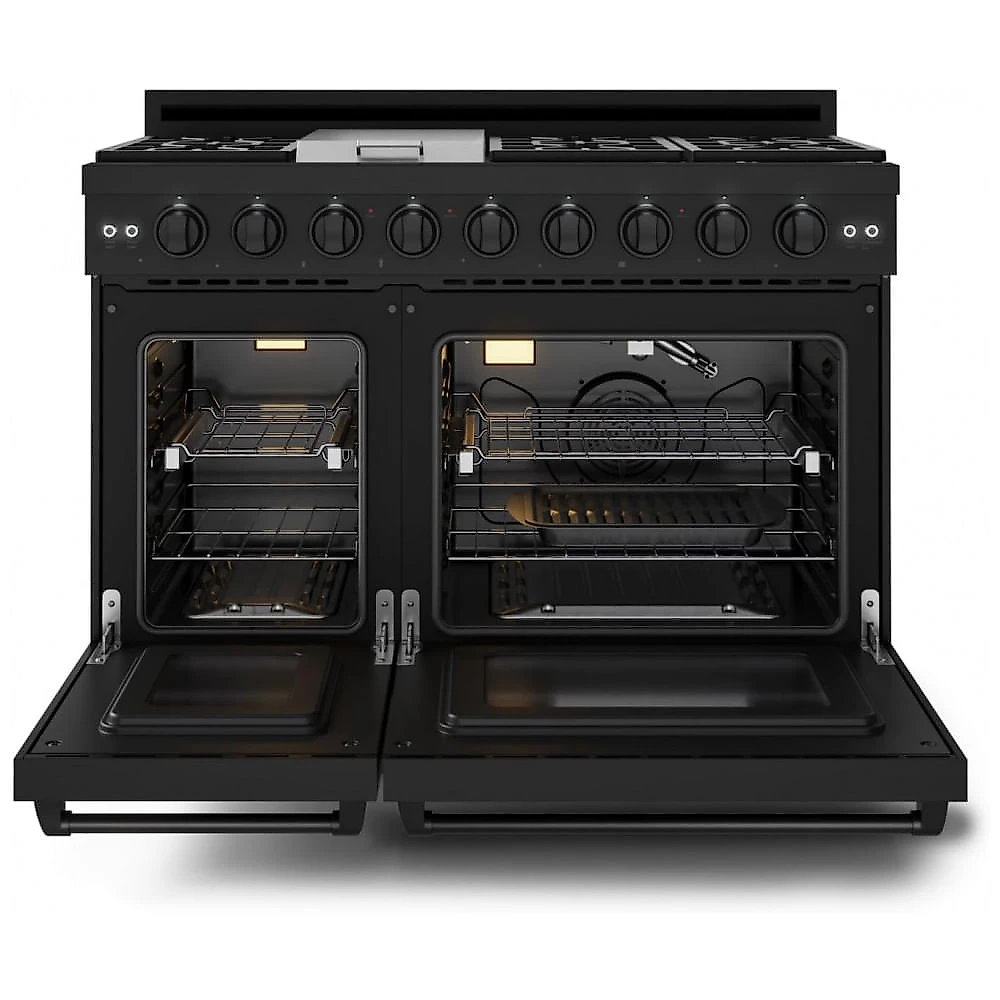 Fogão a gás profissional 122 cm Gordon Ramsay THOR Kitchen preto, 7 queimadores, chapa 15.000 BTU, 2 fornos com convecção 198 L e 62 L, 110V